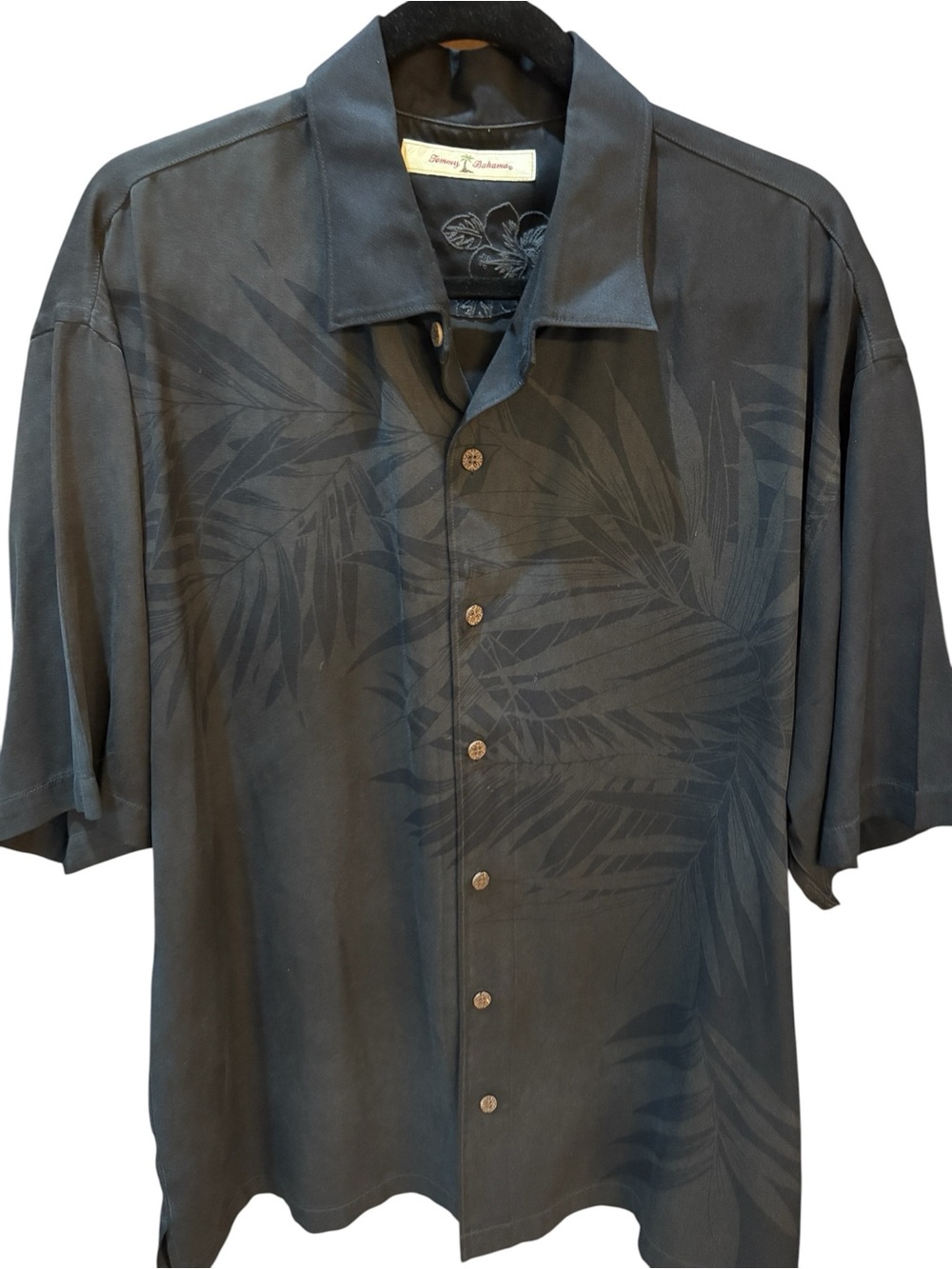 Tommy Bahama Jacquard Palm Leaf Design 100% Silk Black Camp Shirt Size XL